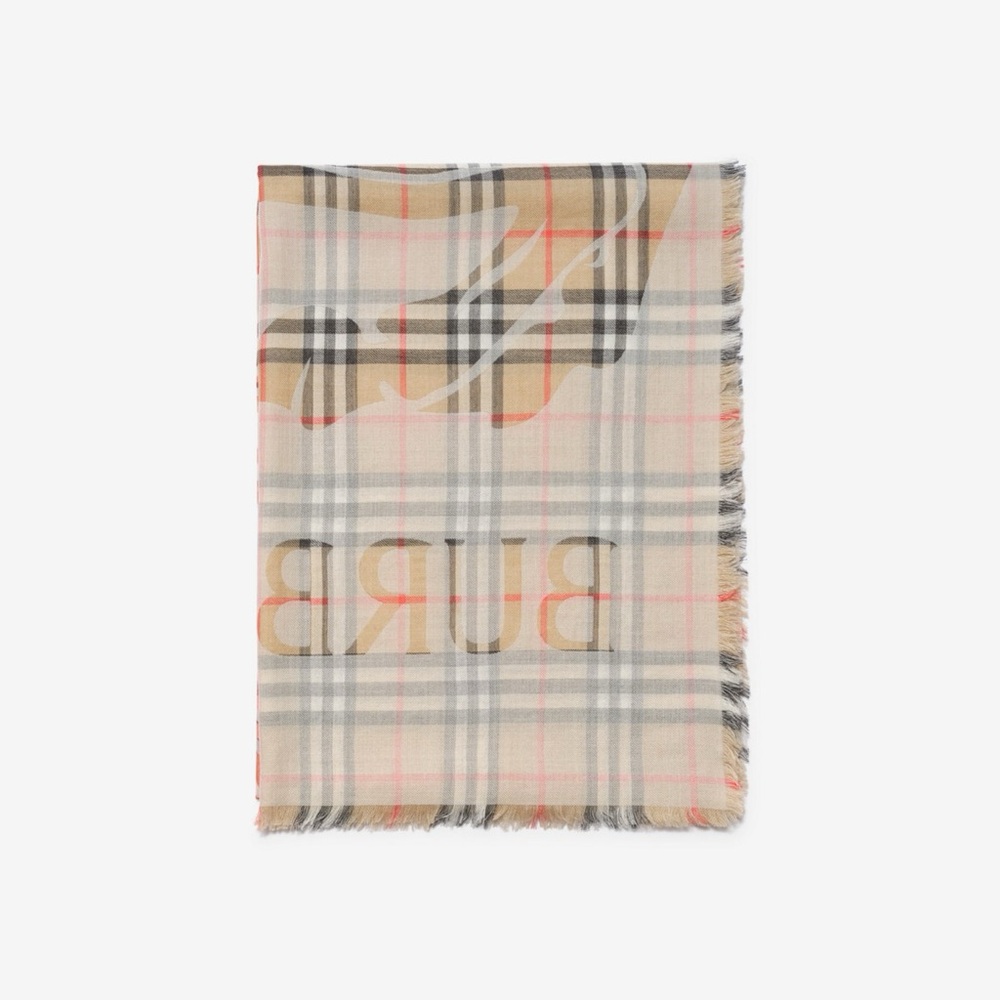 Burberry Beige and Black Check Wool Scarf with Logo Tag new with tags - Picture 7 of 9